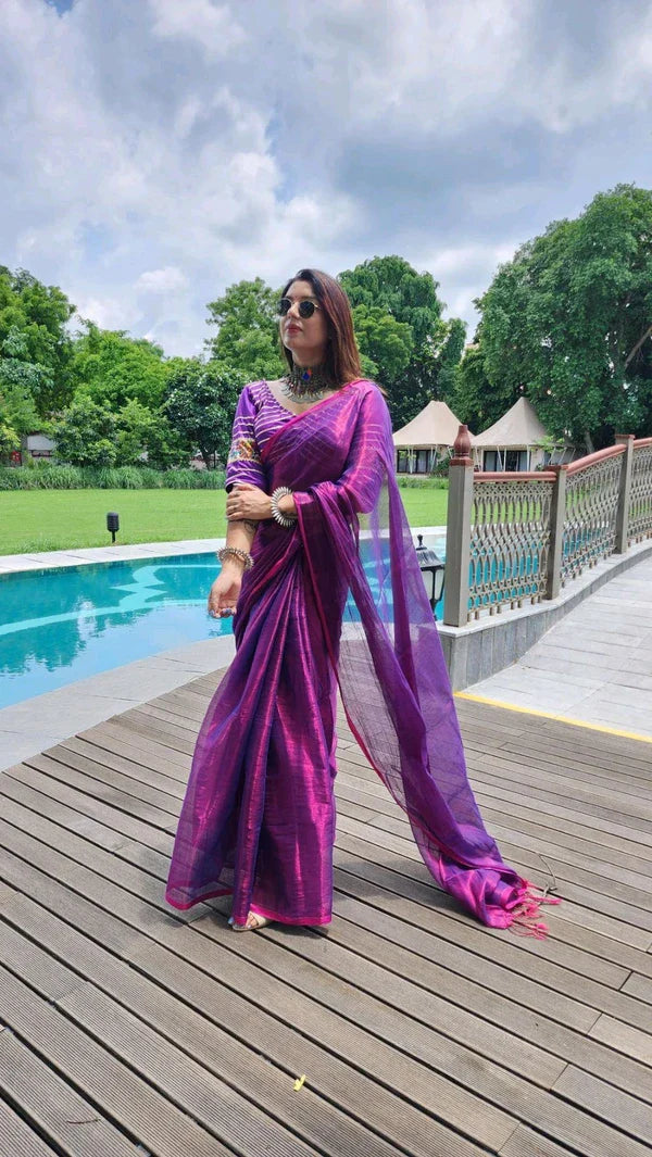 RangDhaaga Purple Raga Tissue Saree